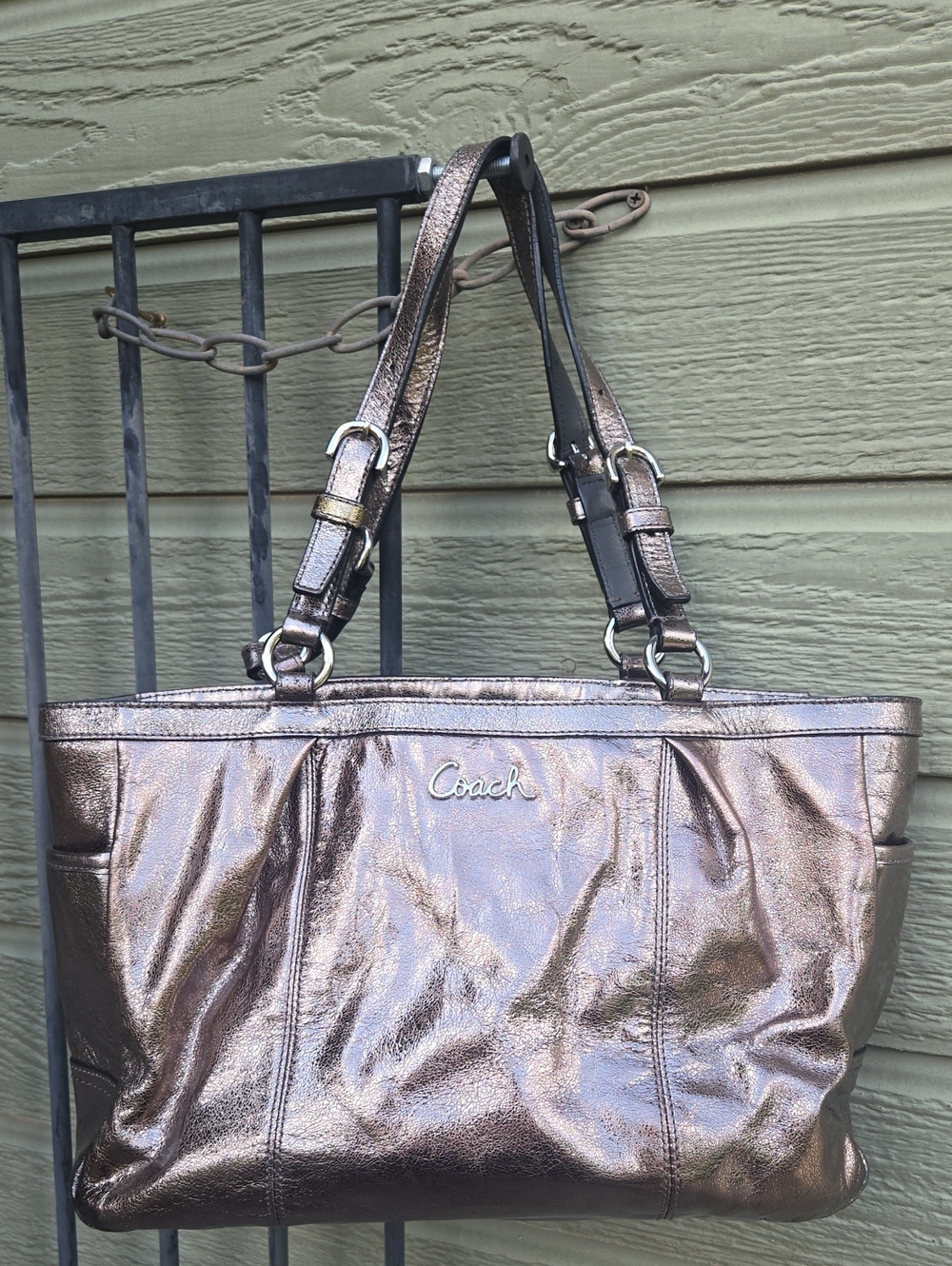 Coach Metallic Pewter Gallery Signature East West Shoulder HandBag